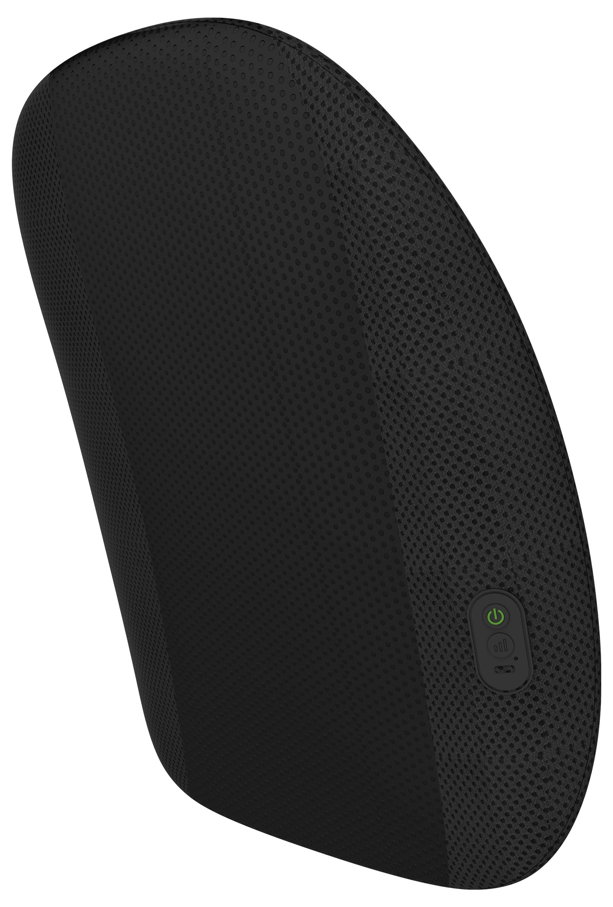 Zwart, ergonomisch lendenkussen met een gestructureerde stof bekleding en een groene aan-/uitschakelaar aan de zijkant.