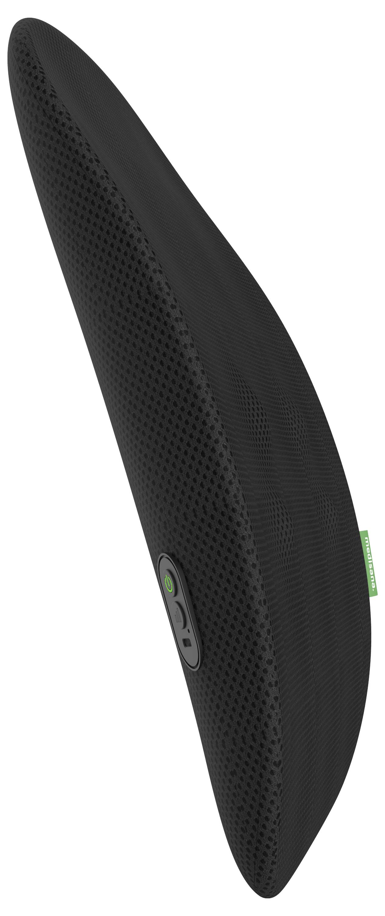 Een zwart ergonomisch rugkussen met netbekleding en bedieningsknop ter ondersteuning van de lumbale wervelkolom.