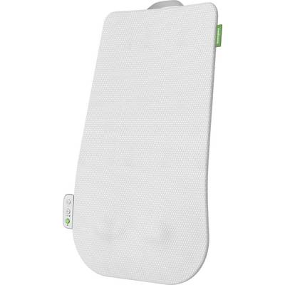 Een witte, gestructureerde verwarmingsmat met een bedieningspaneel aan de zijkant, geschikt voor gebruik op zitmeubels.