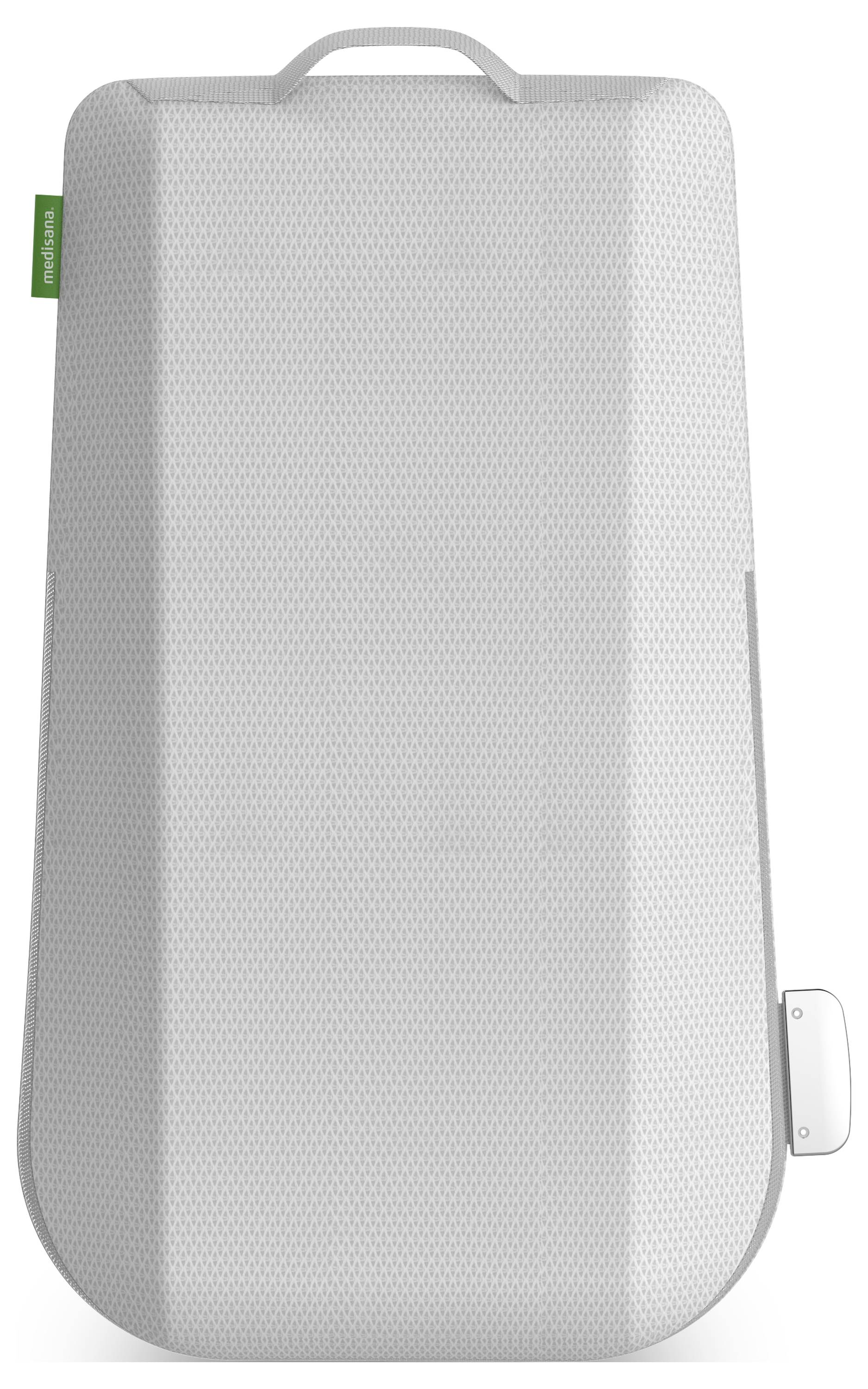 Luchtmatras met een gestructureerd oppervlak en een groen etiket aan de zijkant. Hij heeft een rechthoekige vorm met afgeronde hoeken.