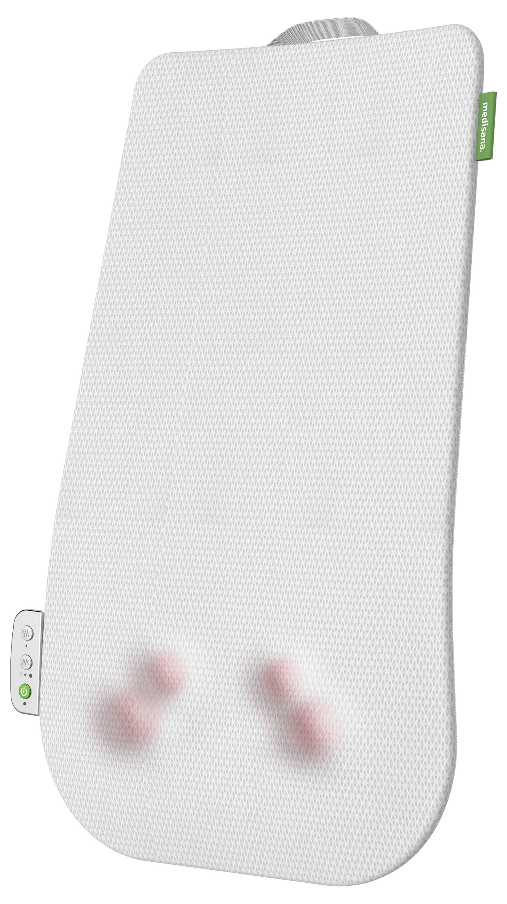Witte massagemat met twee roterende massagekoppen en bedieningsknoppen aan de zijkant. Geschikt voor ontspannende rugmassages.