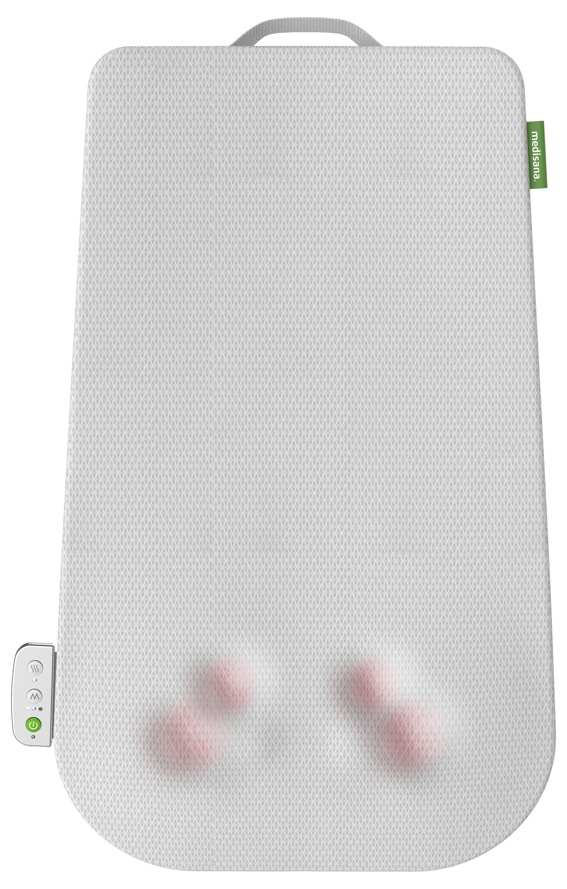 Een witte massagemat met geïntegreerde besturingseenheid en roterende massagebollen aan de onderkant. Geschikt voor Shiatsu-massages.