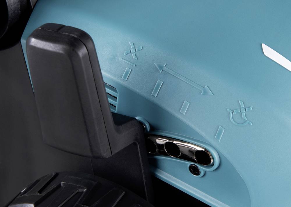 Een blauwe schakelaar met symbolen voor verschillende modi en een weergave. Links is een zwarte hendel zichtbaar.