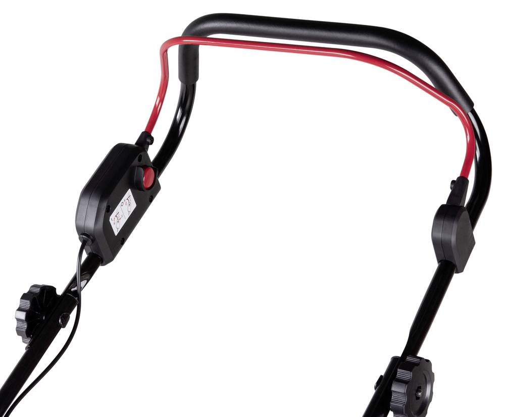 Handgreep van een grasmaaier met een rode hendel en zwarte bekabeling, zijaanzicht.