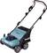 Elektrische grasmaaier in het blauw met vier wielen, handgreep en opvangbak, geschikt voor grasonderhoud en mosverwijdering.