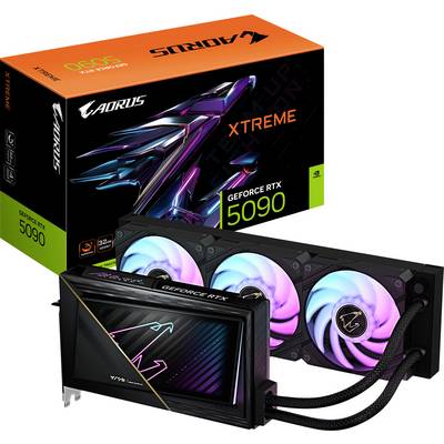 Videokaart AORUS GeForce RTX 5090 XTREME met RGB-verlichting en drievoudig ventilatorontwerp. Verpakking met productnaam en logo.
