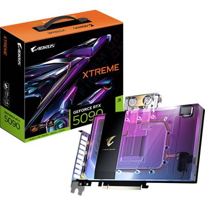 Grafische kaart 'AORUS GeForce RTX 5090 Xtreme' met kleurrijke RGB-verlichting en verpakking. Geoptimaliseerd voor hoge prestaties en gaming.