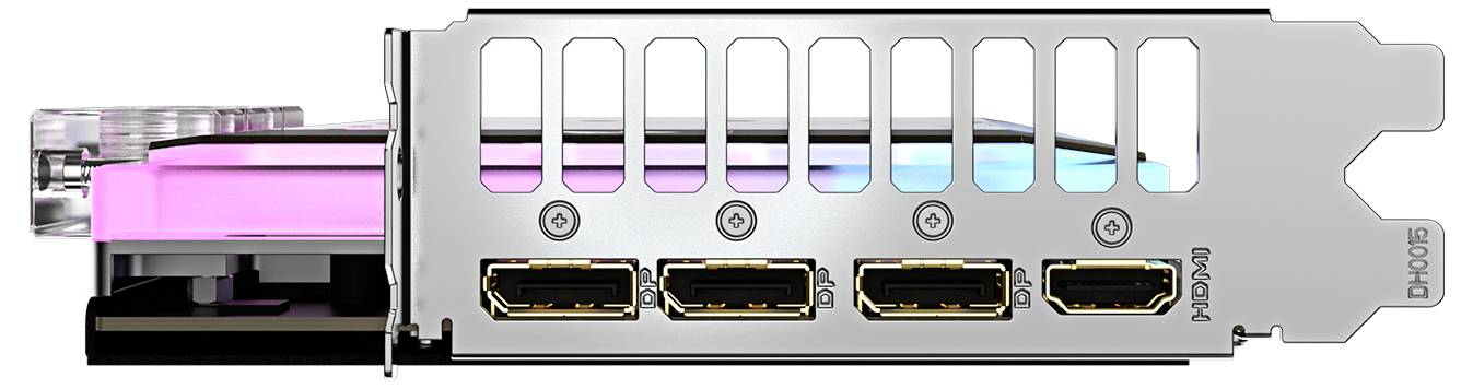 Achterkant van een grafische kaart met vier beeldschermpoorten: drie DisplayPort en één HDMI.