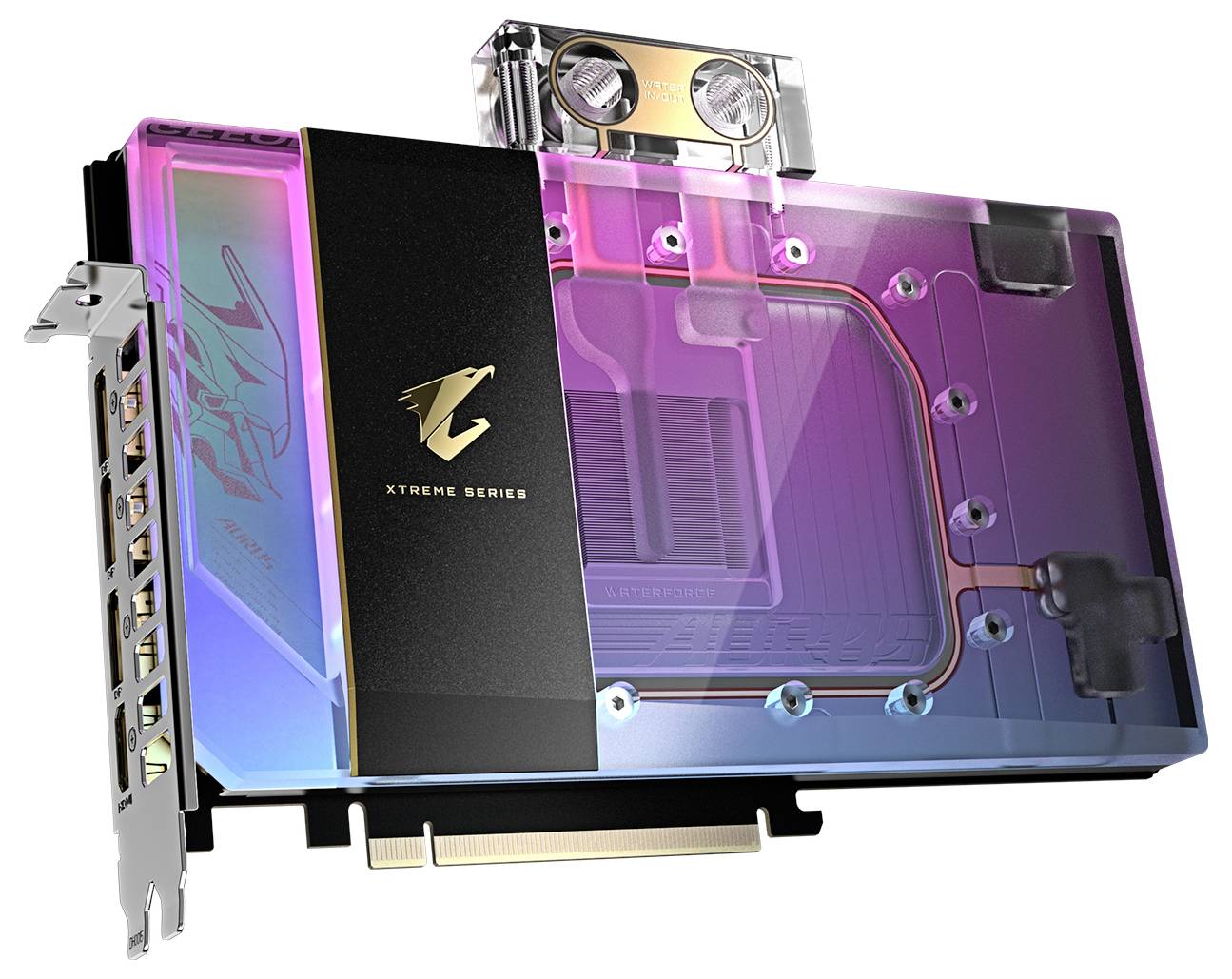 Computervideokaart met transparante koelbehuizing en RGB-verlichting. 'Xtreme Series' markering zichtbaar, meerdere aansluitingen.