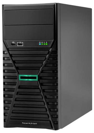 Een zwarte Tower-server met USB-poorten en LED-indicatoren aan de voorkant. Merktekst 'ProLiant ML30 Gen11'.