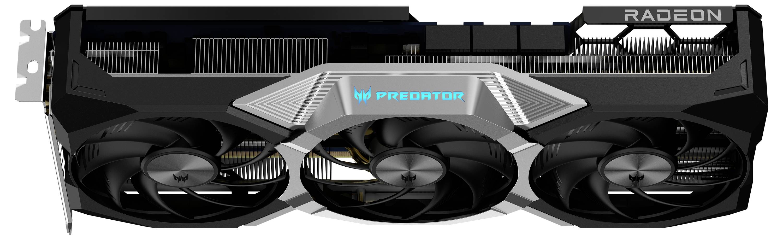 AMD Radeon videokaart met drie ventilatoren, zilveren accenten en 'Predator'-logo dat blauw oplicht in het midden.