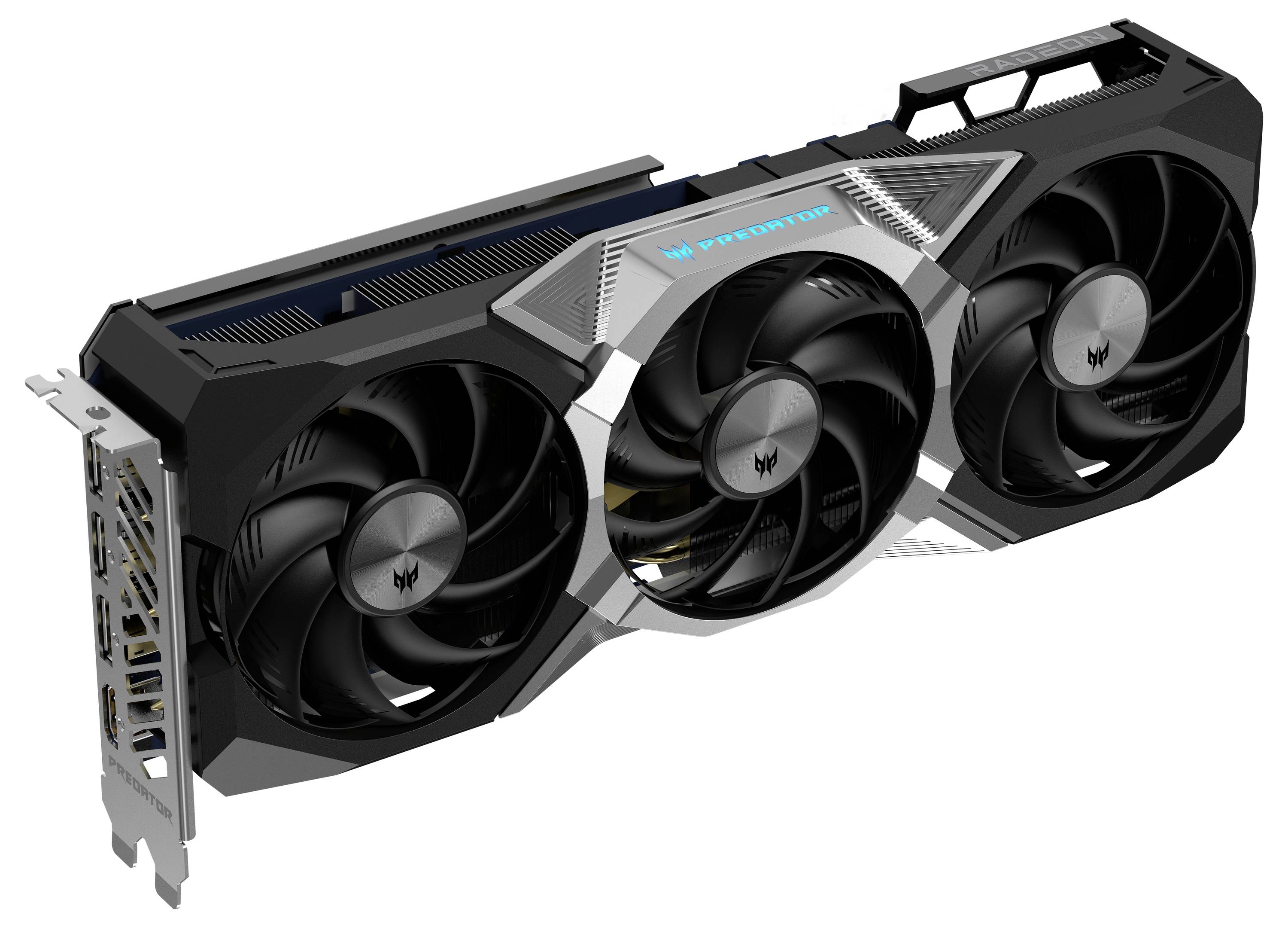 Gamingvideokaart met drie grote ventilatoren en een robuust ontwerp voor verbeterde koeling, geschikt voor krachtige pc's.