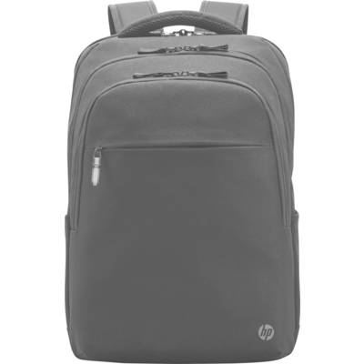Grijs-zwarte laptoptas van HP met meerdere ritssluitzakken en HP-logo rechtsonder.