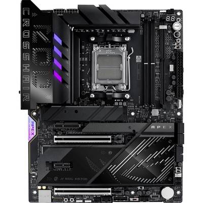 Moederbord met LED-indicatoren, meerdere PCIe-slots en een opvallend koellichaamontwerp. 'CROSSHAIR' en 'APEX' zijn erop gedrukt.