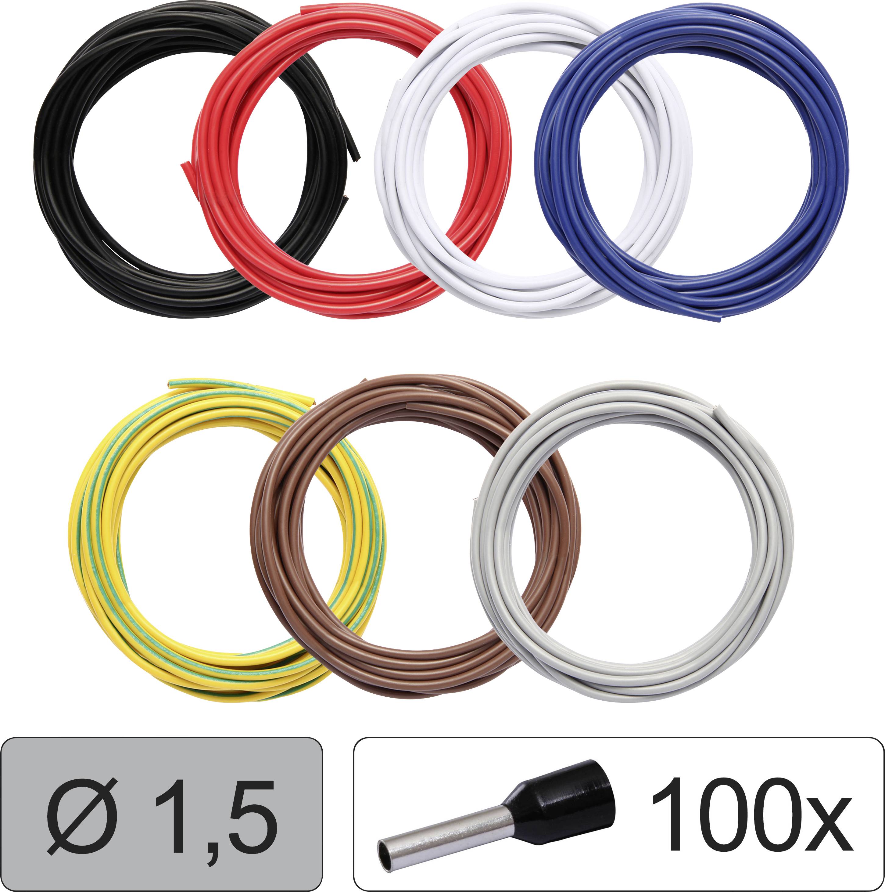 Acht kabelhaspels in verschillende kleuren (zwart, rood, blauw, wit, geel-groen, bruin, grijs) en 100 kabelschoenen, diameter 1,5.