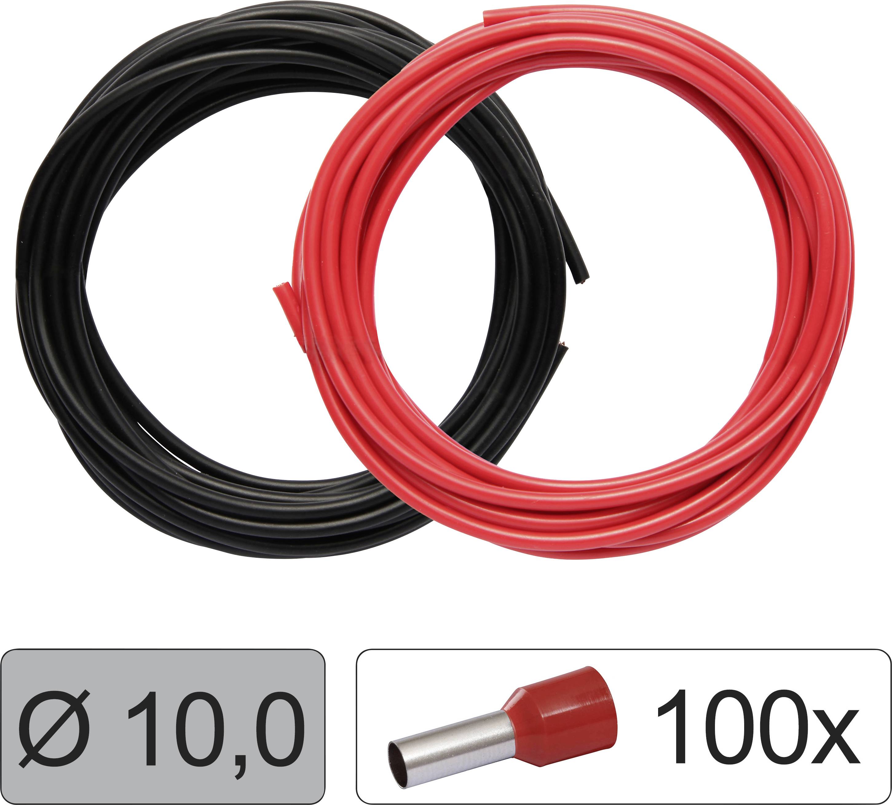 Twee kabelbundels, een zwart, een rood. Daaronder een afbeelding van een stekker met aanduiding 'Ø 10,0' en '100x'.