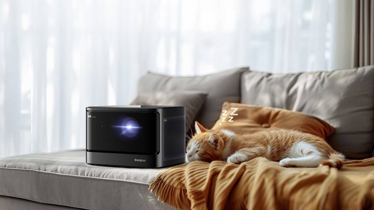 Een oranje-witte kater slaapt op een oranje kussen op de bank. Links staat een kleine, zwarte luchtreiniger.