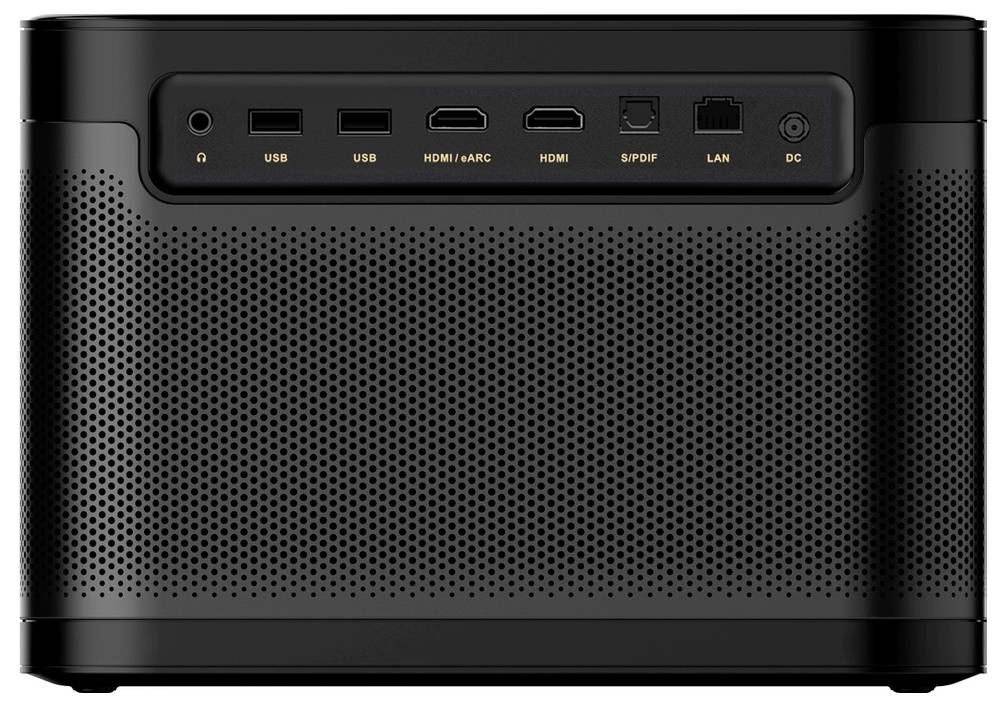 Zwarte elektronische doos met meerdere ingangen aan de bovenkant, waaronder USB, HDMI, LAN en een stroomaansluiting. Voorkant heeft ventilatierooster.