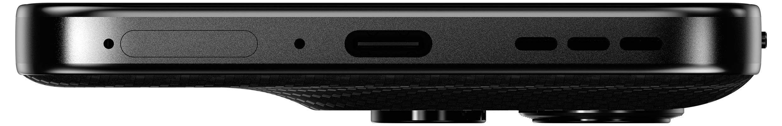 Zwart smartphone gezien van opzij, met USB-C-poort, luidsprekeropening en SIM-kaartsleuf zichtbaar.