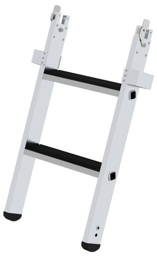 Witte opvouwbare telescoopladder met zwarte treden, in een gedeeltelijk uitgeschoven positie.