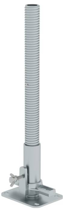 Metalen telescopische stang met schroef aan de basis, gemonteerd op een vierkant platform.