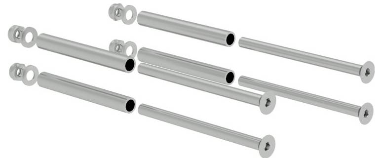 Verschillende zilveren metalen pennen van verschillende lengtes met schroefkoppen. Ze lijken deel uit te maken van een meubelmontageset.