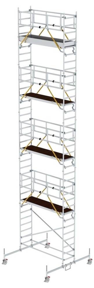 Een hoog steiger met meerdere platforms, ideaal voor werkzaamheden op grote hoogtes. Het beschikt over veiligheidsrailingen en wielen voor mobiliteit.
