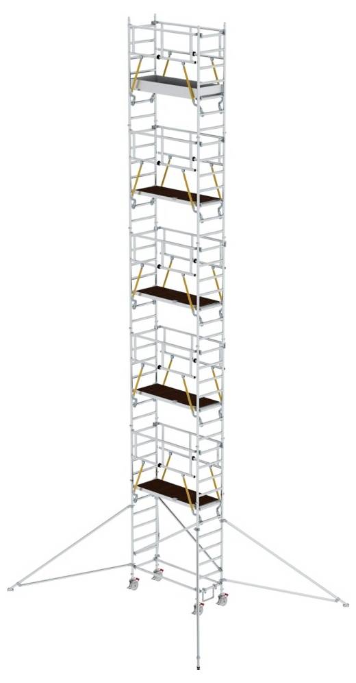 Een hoog, meerlaags steiger met meerdere platforms en zijdelingse steunarmen, geschikt voor bouw- of onderhoudswerkzaamheden.