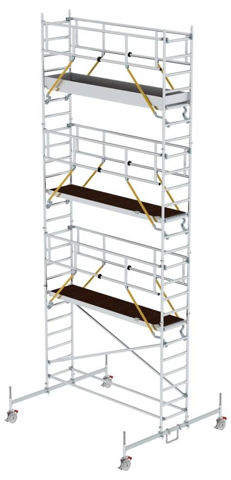 Een verrijdbaar steiger met vier platformniveaus, geschikt voor bouw- en reparatiewerkzaamheden op grotere hoogtes.