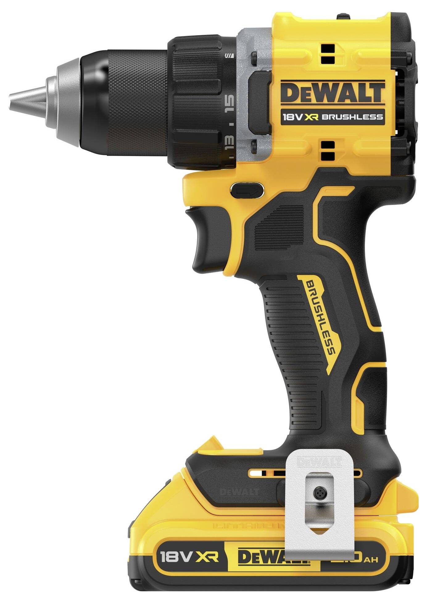 Een gele en zwarte accuschroefmachine met een grijze boorunit en handgreep, gefabriceerd door DeWalt. Modelnummer en 18V-aanduiding zichtbaar.