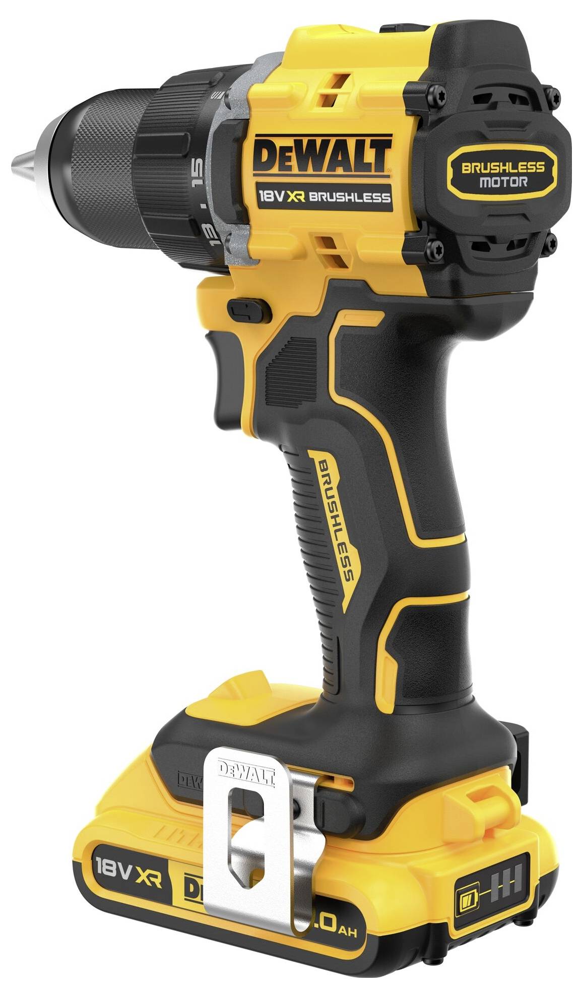 Een gele, draadloze DeWalt boormachine met borstelloze 18V XR motor, ergonomische handgreep en accupack, rechtop staand.