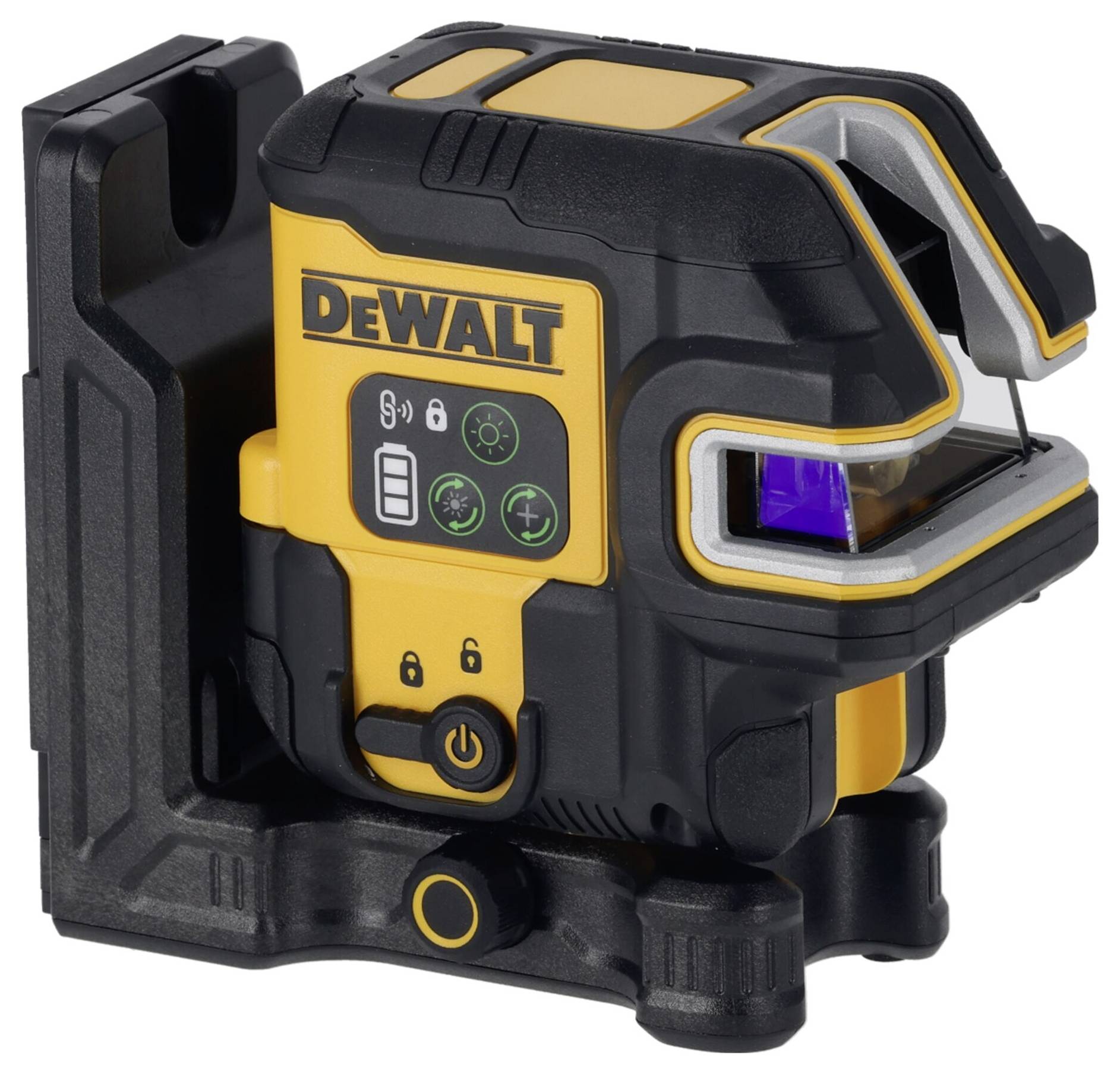 Een compacte, geel-zwarte DEWALT laserwaterpas op een statief, toont een blauwe laserstraal naar rechts. Geschikt voor bouwwerkzaamheden.