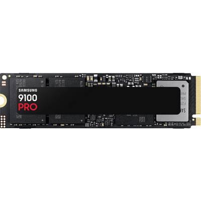 Afbeelding van een Samsung 9100 PRO SSD, een snelle opslagoplossing voor computers, met een zwarte behuizing en gouden contactpunten.