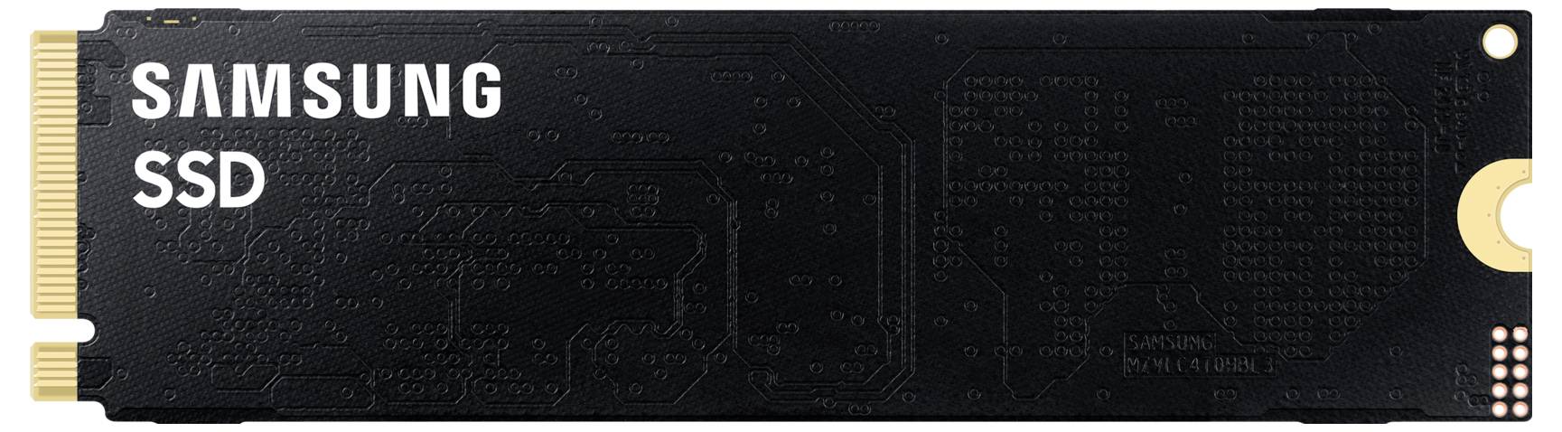 Een zwarte Samsung SSD in M.2-formaat met een goudkleurige contactstrip.