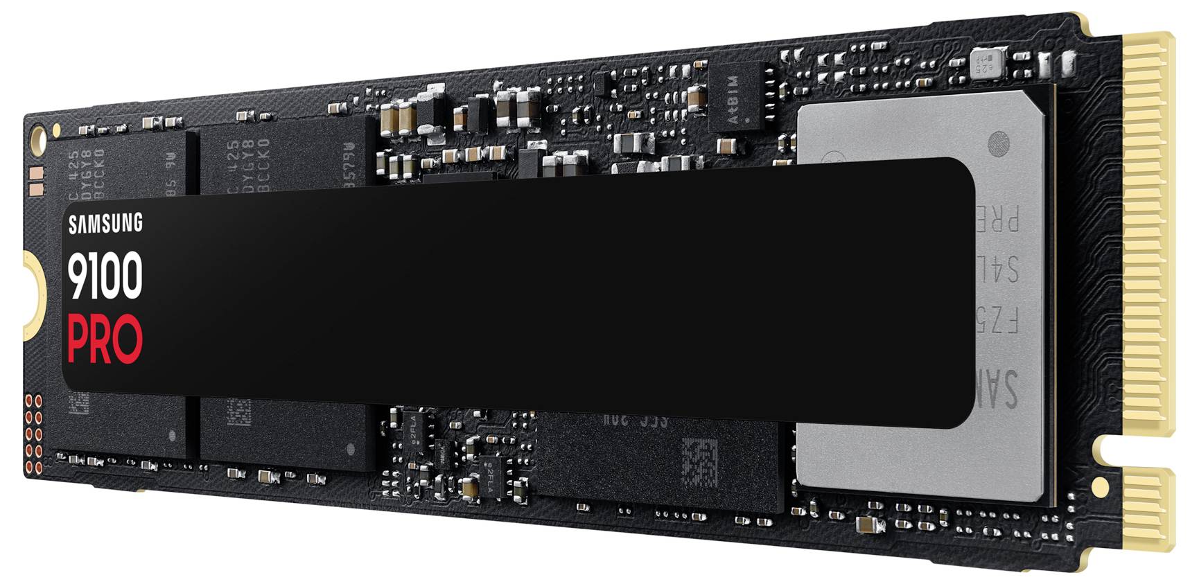 M.2-formaat harde schijf met zwarte behuizing en opschrift 'Samsung 9100 PRO'. Compacte vormgeving voor computers.