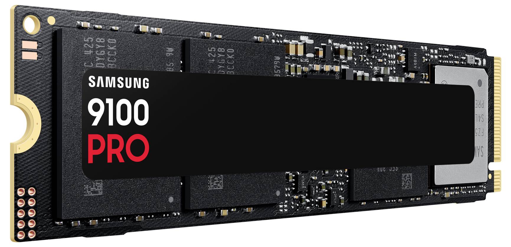 Zwarte Samsung 9100 PRO SSD met elektronische componenten aan de bovenkant, geschikt voor high-performance gegevensverwerking.