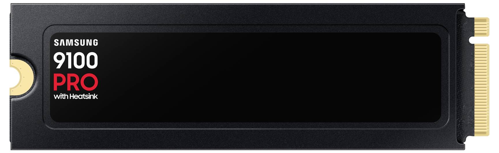 Een Samsung SSD 9100 PRO met heatsink, zwart, weergegeven in een rechthoekige vorm met goudaansluiting rechts.
