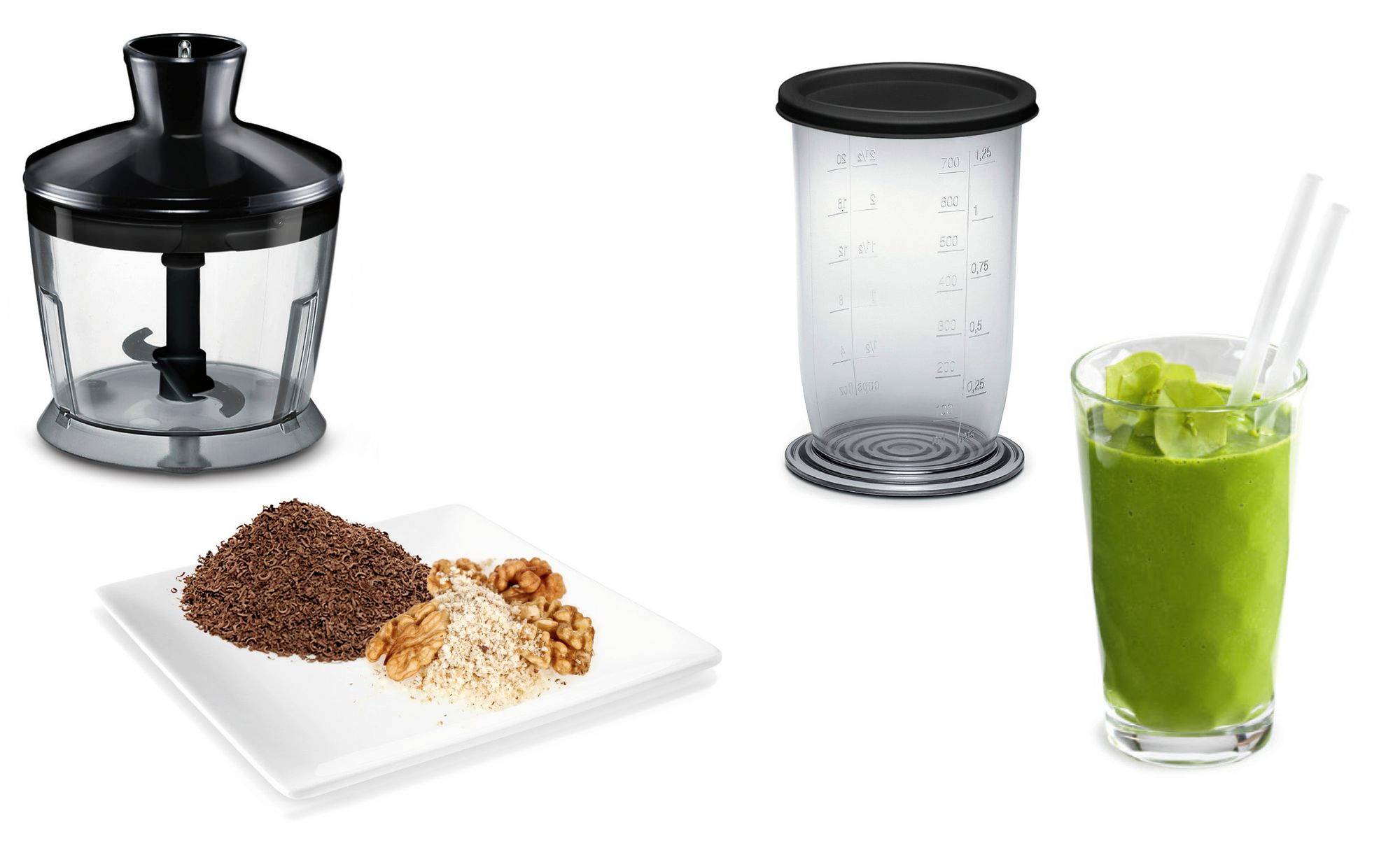 Een mixer met een zwarte deksel, maatbeker en groene smoothie van spinazie, naast een bord met gemalen noten en cacaopoeder.
