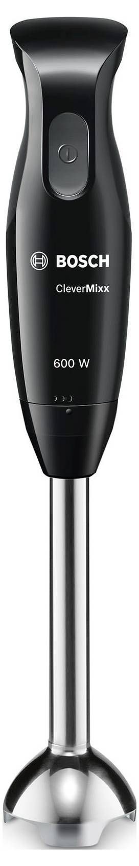 Staafmixer van Bosch met de naam 'CleverMixx', 600 Watt vermogen, zwarte behuizing, ideaal voor pureer- en mixprocessen.