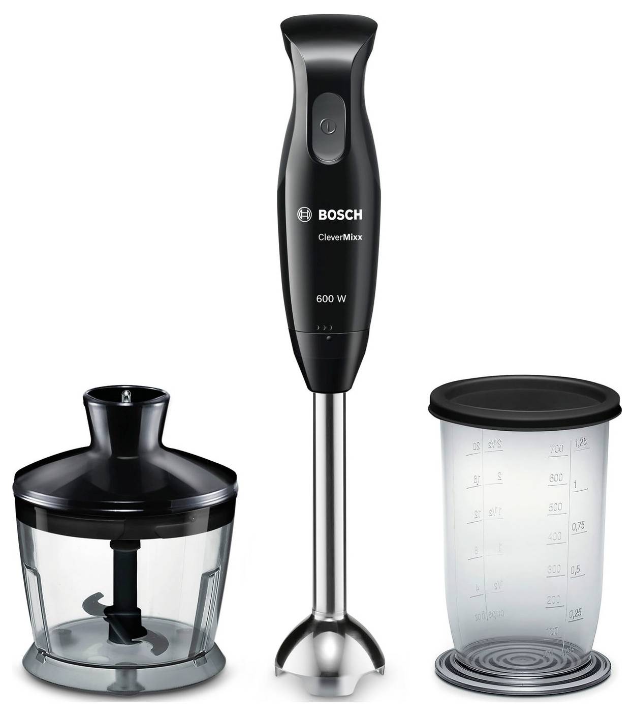 Staafmixerset bestaande uit een zwarte staafmixer, een maatbeker en een hakmolen-opzetstuk.