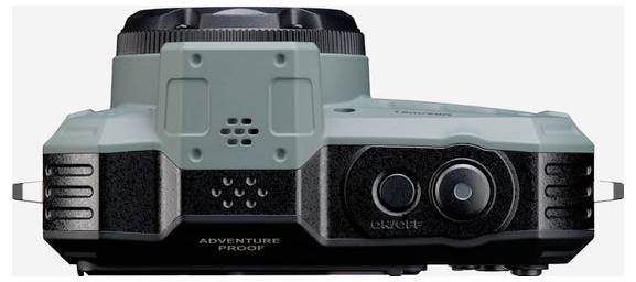 Camera met robuuste behuizing, geschikt voor avontuurlijke activiteiten, gemaakt van grijs en zwart materiaal.