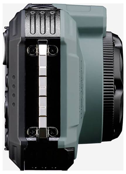 Compactcamera van opzij, toont objectief aan de rechterkant en technische aansluiting aan de linkerkant in zwart en blauw.