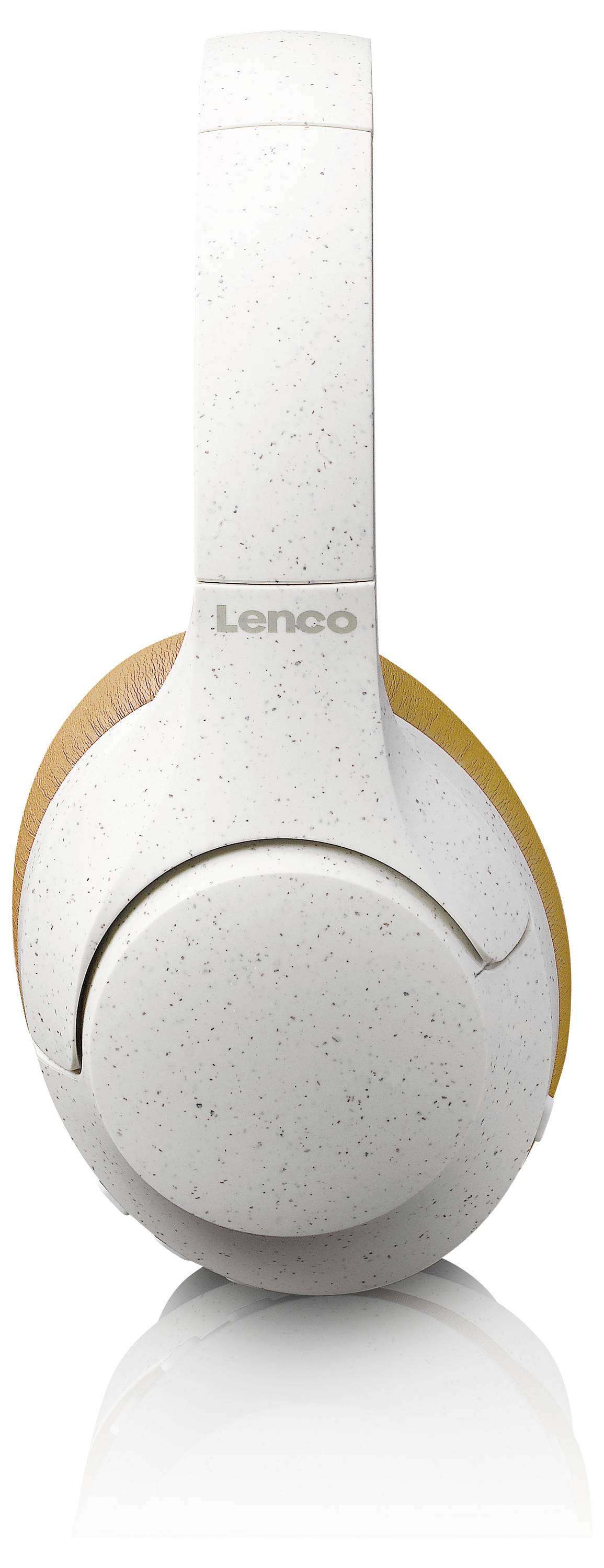 Witte over-ear koptelefoon met grijze gespikkelde details en oranje accenten. Het merk "Lenco" is zichtbaar aan de buitenkant.