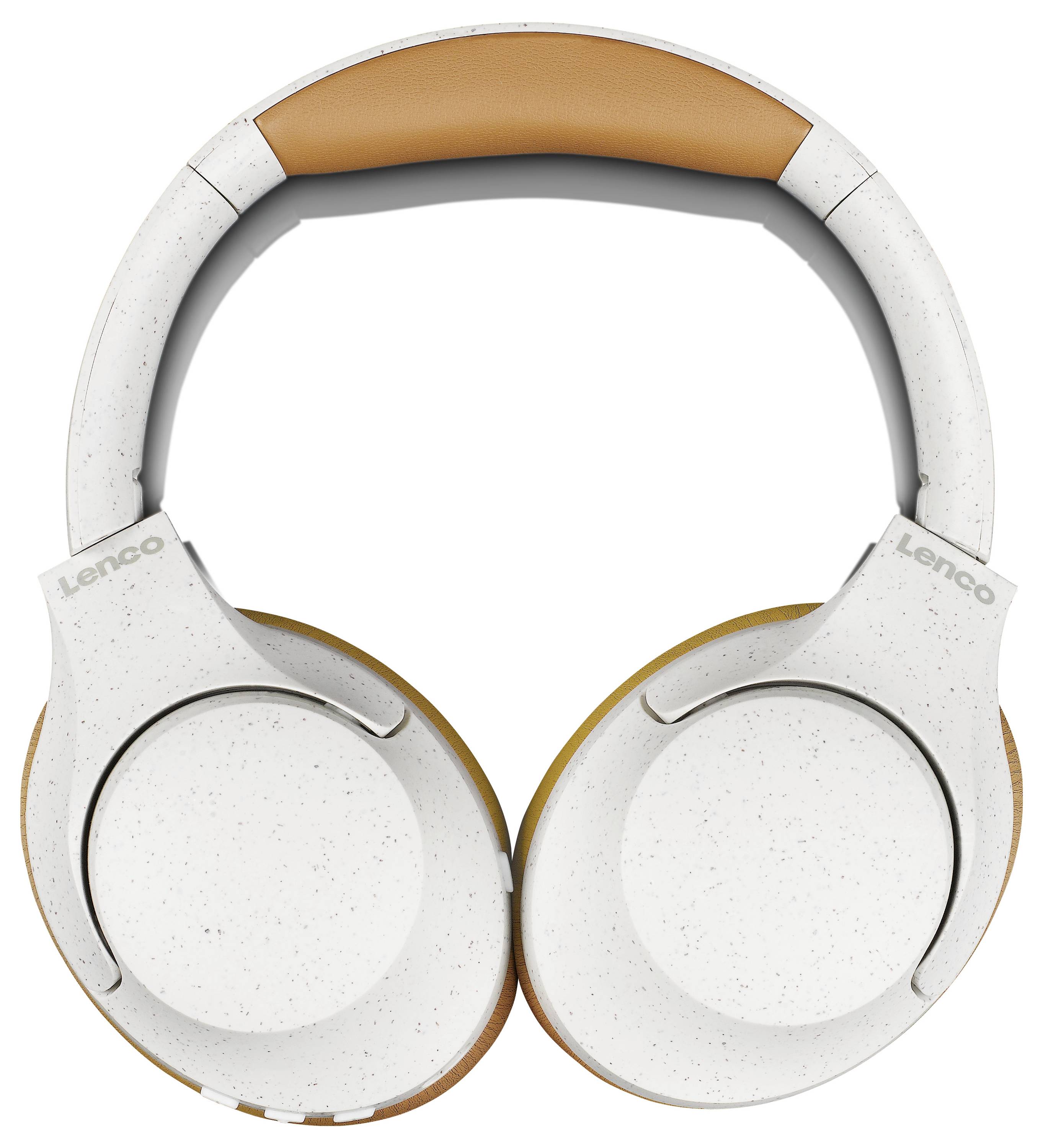 Witte koptelefoon met beige kussentjes, opvouwbaar en draadloos, op witte achtergrond.