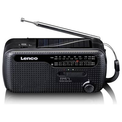 Draagbare zwarte radio met telescoopantenne, frequentie-instellingen en volumeregelaar. Merknaam 'Lenco' zichtbaar.