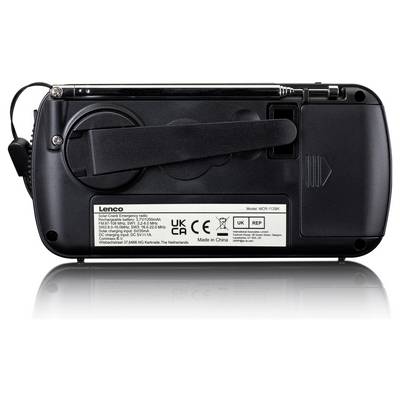 Achterzijde van een draagbare radio met handslinger, batterijvak en aansluitingen. Merknaam en technische informatie zijn zichtbaar.