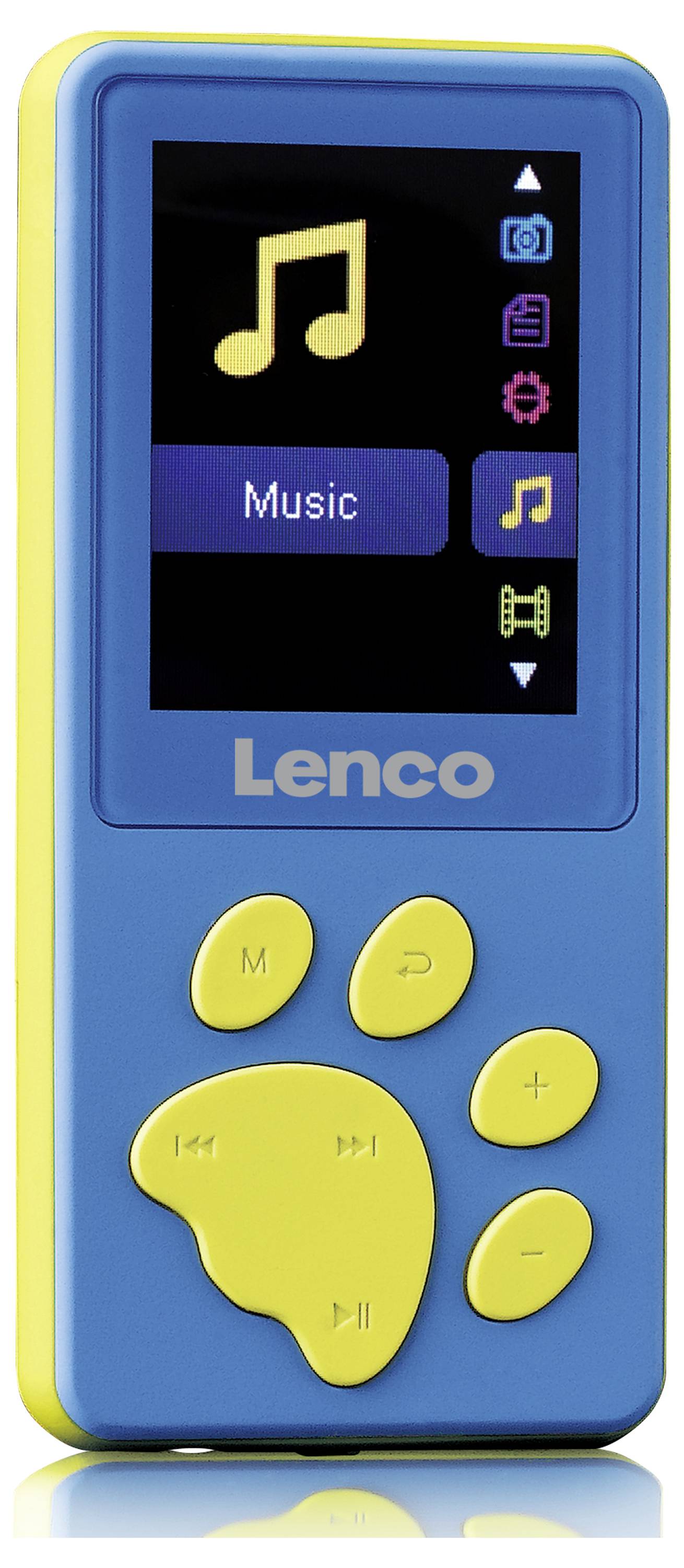 Blauwe MP3-speler met gele knopjes in de vorm van pootjes. Display toont muziekpictogram en menu.