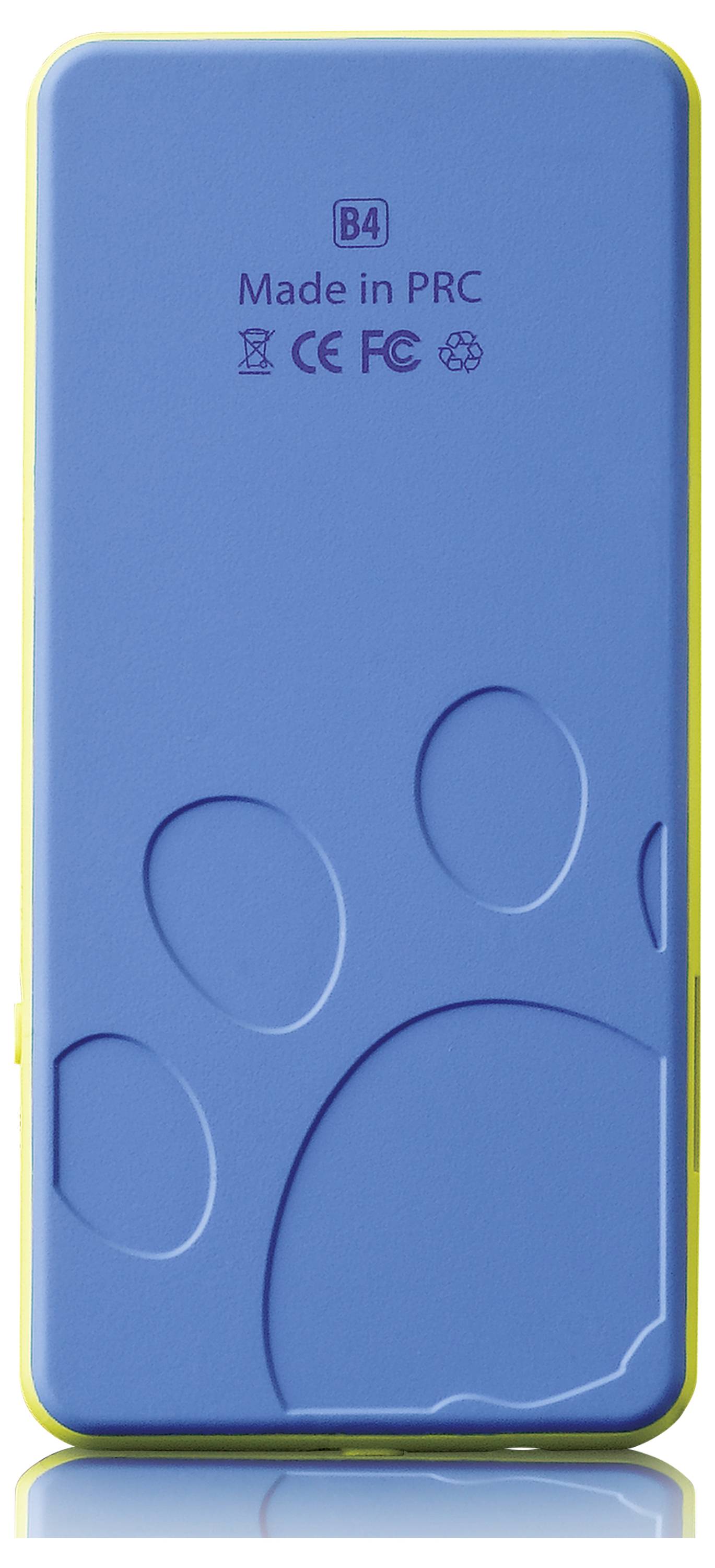 Een blauwe powerbank met een pootafdruk-ontwerp en 'Made in PRC' tekst, CE- en FCC-symbolen.