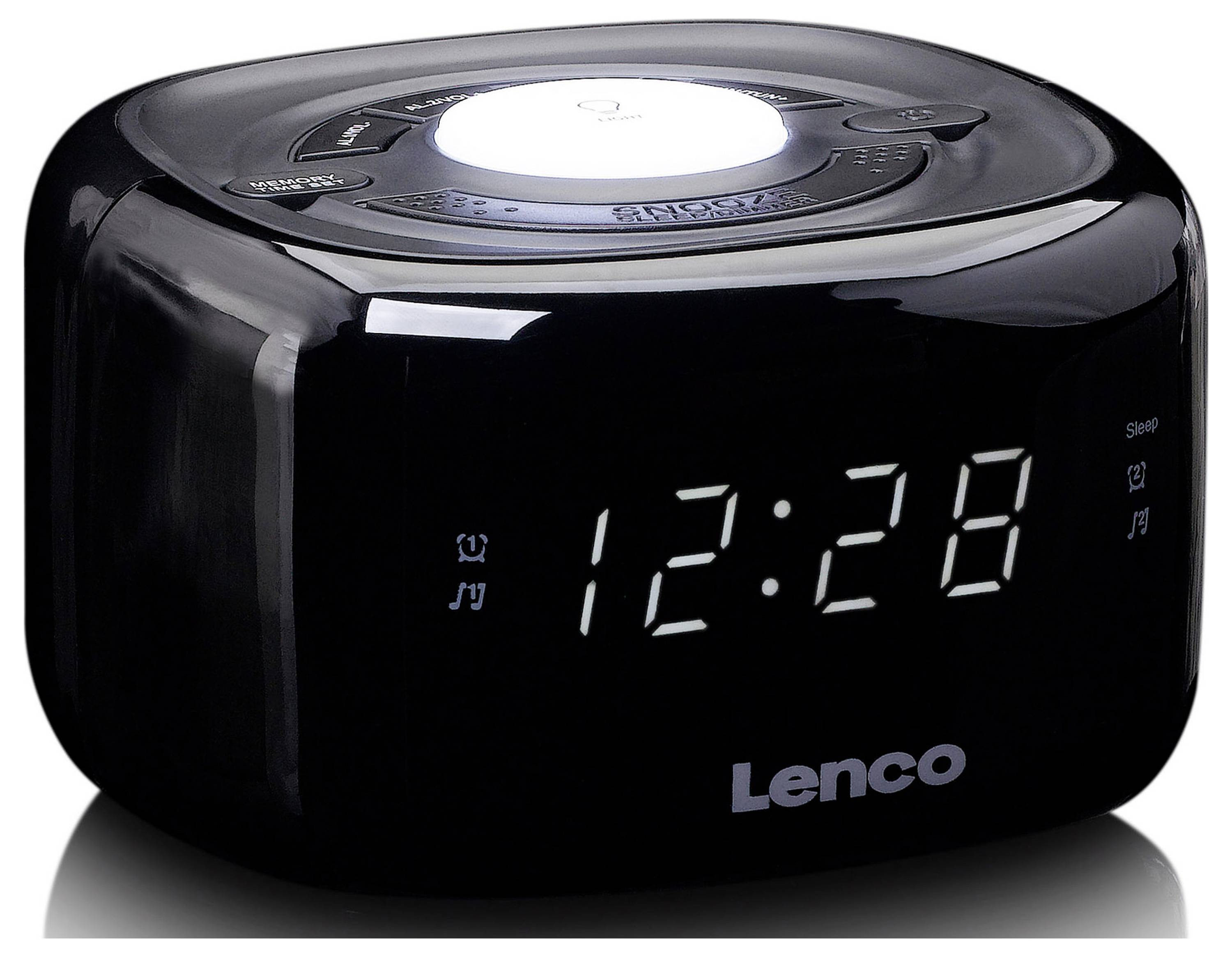 Zwarte radiowekker met LED-display, toont '12:28'. Bovenaan bevinden zich bedieningsknoppen en een luidsprekerooster. Merk: Lenco.