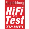 'Aanbeveling HiFi Test 4/25 TV·HiFi'-onderscheiding op rode achtergrond.